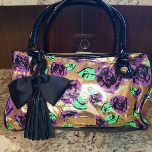 BETSY JOHNSON gold and purple rose purse